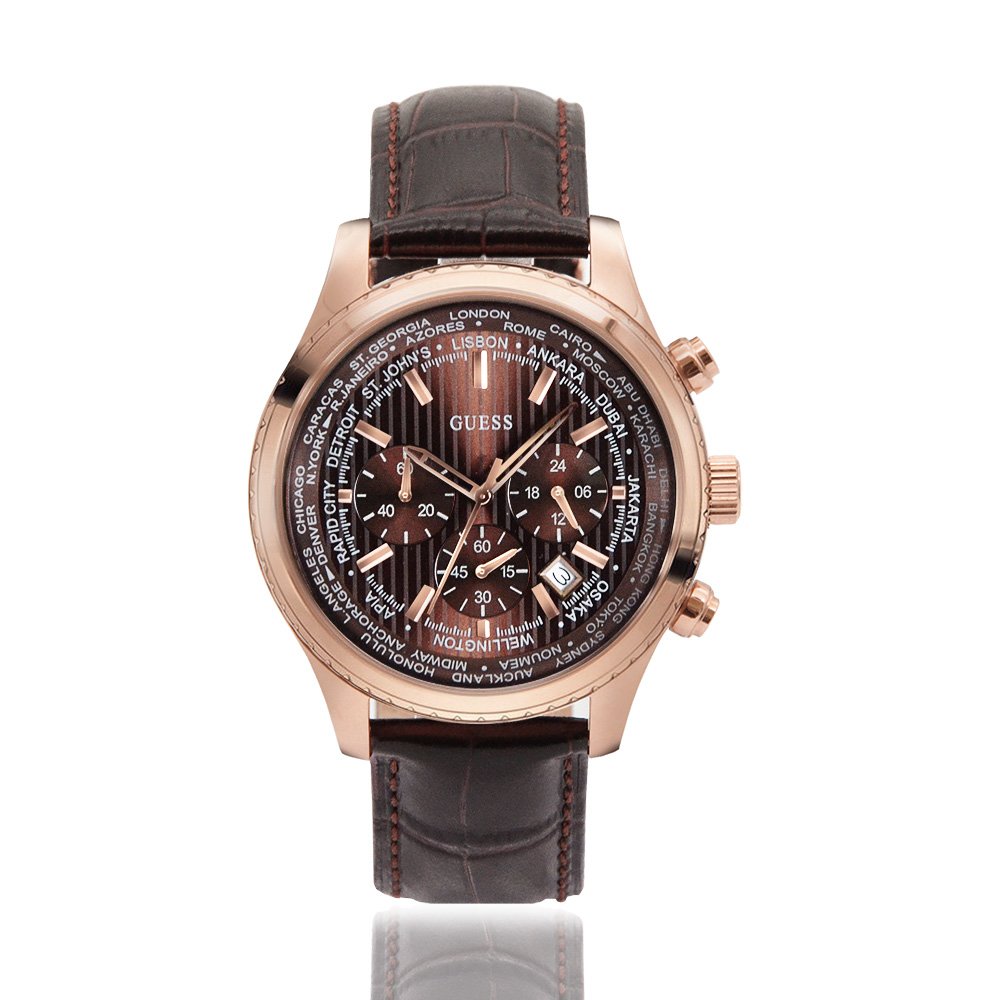 【GUESS】棕色面 玫瑰金殼 深咖壓紋皮革錶帶 三眼計時腕錶(W0500G3)