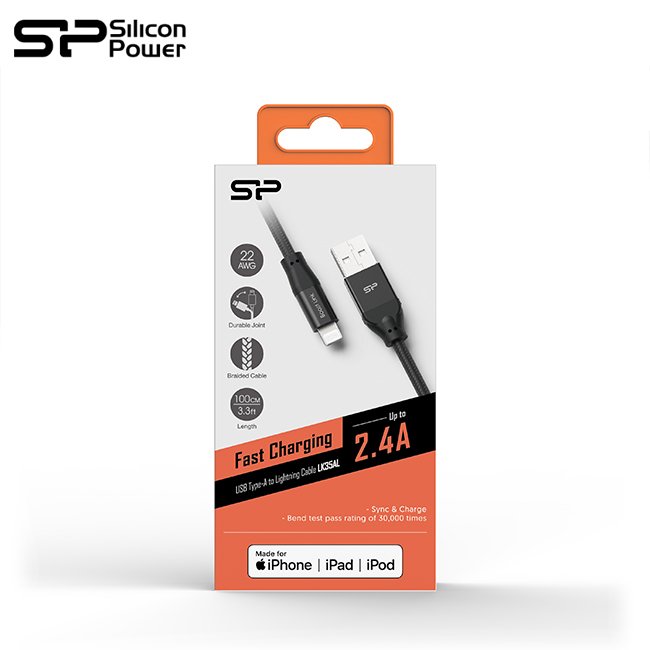 SP 廣穎 Lightning 編織 傳輸線 iPhone iPad 蘋果裝置適用 MFi認證 2.4A 快充 充電線 黑色 (SP-LK35AL1K)