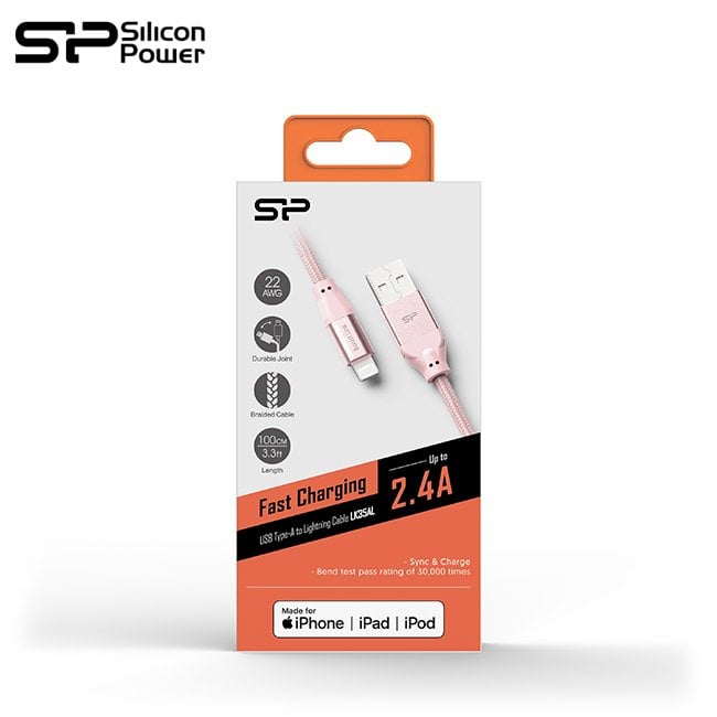 SP 廣穎 Lightning 編織 傳輸線 iPhone iPad 蘋果裝置適用 MFi認證 2.4A 快充 充電線 粉色 (SP-LK35AL1P)
