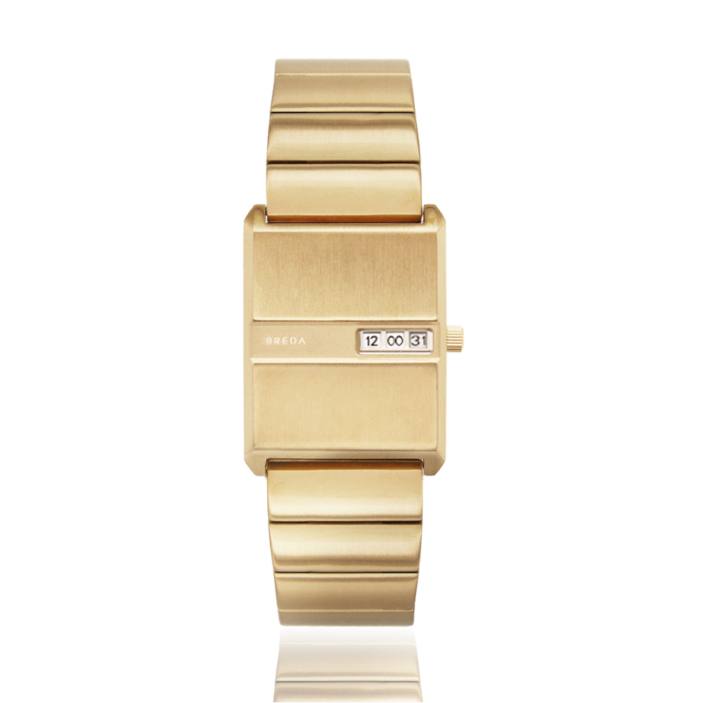 BREDA】PULSE系列設計金色不鏽鋼矩形錶殼數字視窗顯示不鏽鋼錶帶