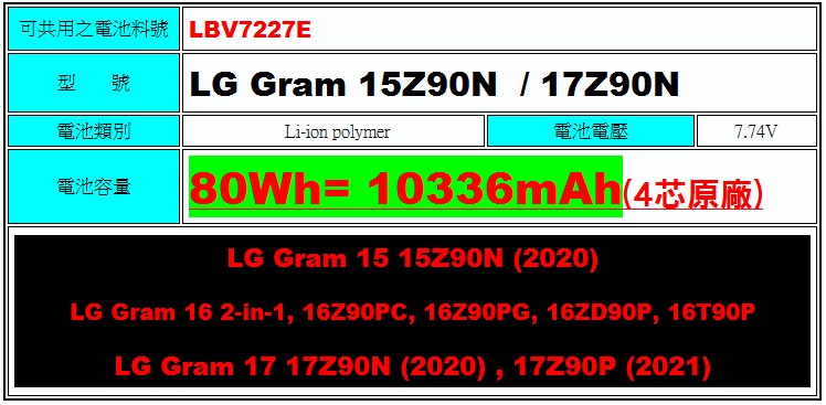 LG 原廠電池LBV7227E LG Gram 15Z90N 16Z90PC 16Z90PG 16ZD90P 16T90P