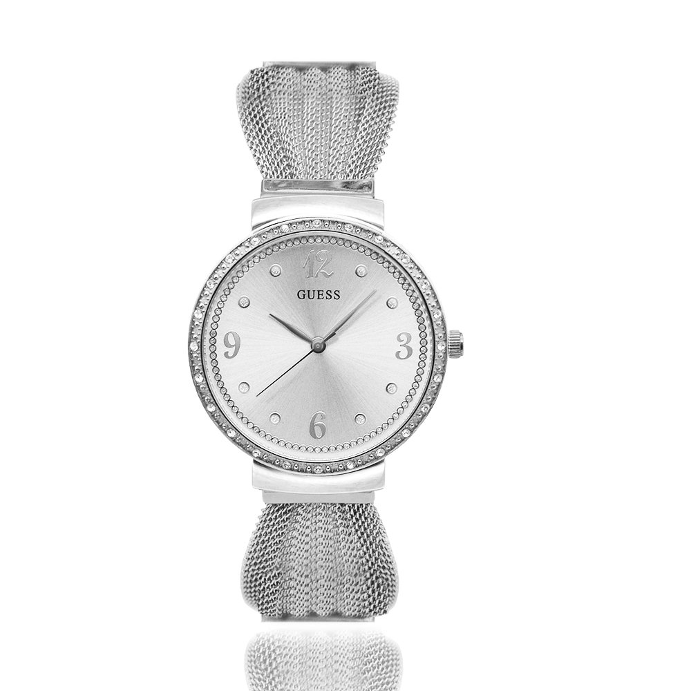 【GUESS】銀面 銀殼 仿雪紡造型不鏽鋼錶帶 晶鑽腕錶 (W1083L1)