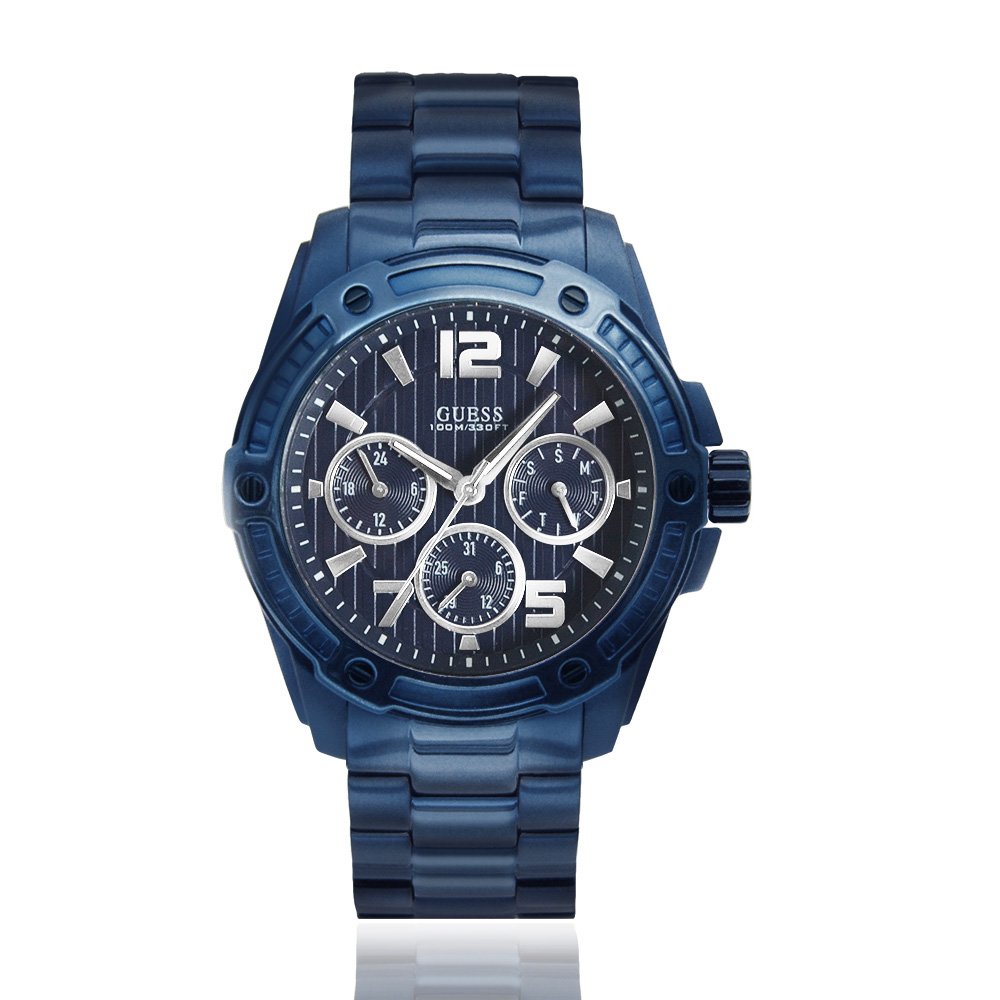 【GUESS】藍面 藍殼 三眼日期標示 不鏽鋼錶帶腕錶 (W0601G2)