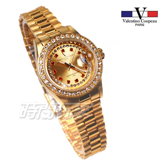 valentino coupeau 范倫鐵諾 時刻鑲鑽 不鏽鋼 防水手錶 女錶 金色 鑲鑽 經典 放大日期 V12171KA金小