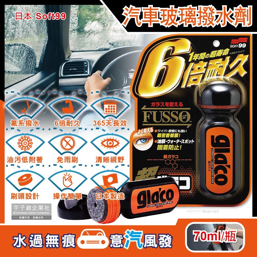 日本Soft99-免雨刷超級氟素6倍耐久力抗污耐磨防雨車用驅水玻璃精(C236)70ml/瓶(365天長效型撥水劑)