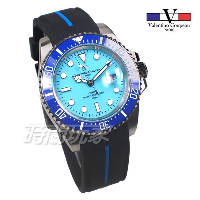 valentino coupeau 范倫鐵諾 夜光時刻 不鏽鋼 防水手錶 男錶 潛水錶 水鬼 石英錶 V61589B藍芙蓉
