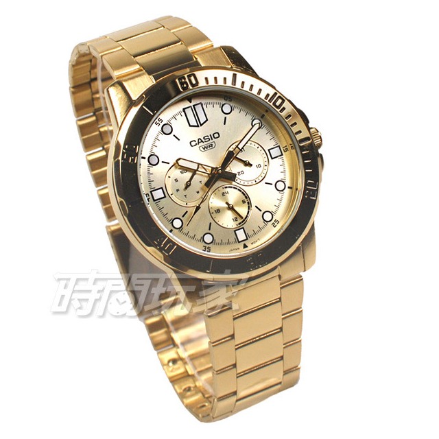 CASIO卡西歐 MTP-VD300G-9E 日期顯示 簡約有型 三眼錶 個性男錶 不銹鋼 金色 MTP-VD300G-9EUDF