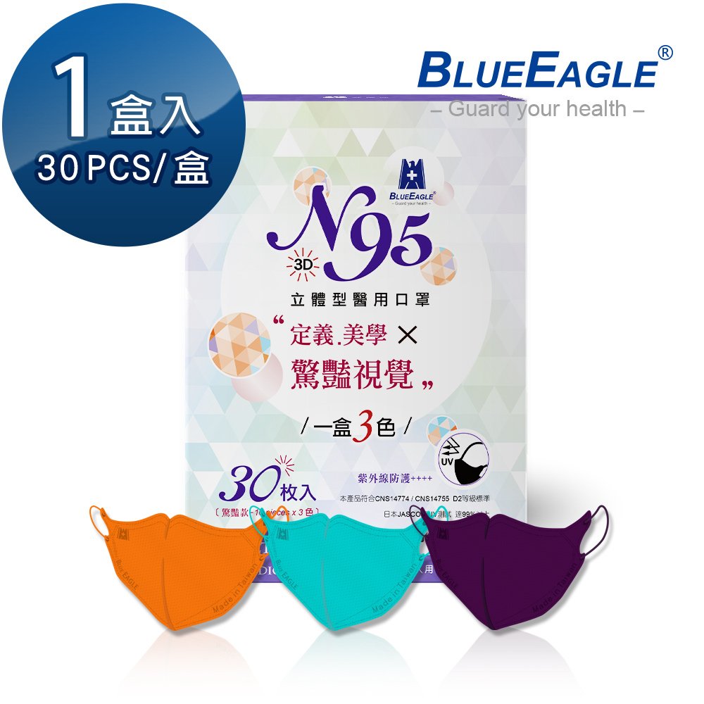 N95 驚艷款醫用立體型成人口罩（歐戀橘、花青綠、黛紫色）三色綜合款 30片/盒 NP-3DMW-A-30