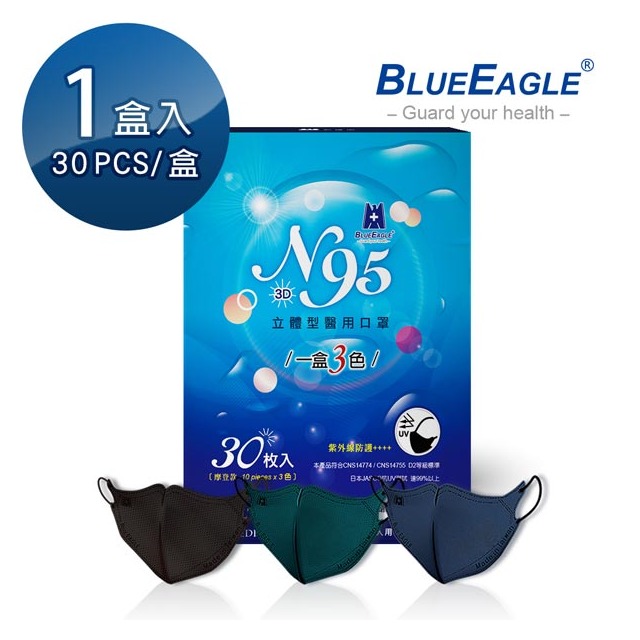 N95 摩登款醫用立體型成人口罩（深海藍、碧湖綠、時尚黑）三色綜合款 30片/盒 NP-3DMW-C-30
