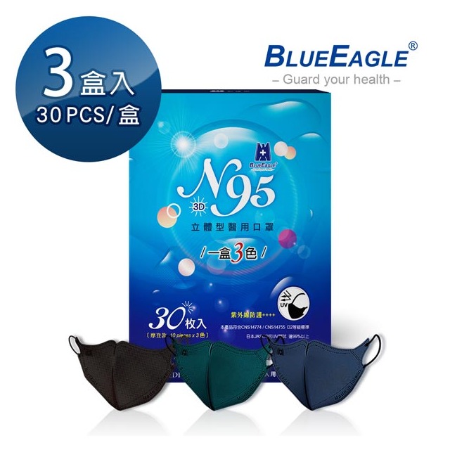N95 摩登款醫用立體型成人口罩（深海藍、碧湖綠、時尚黑）三色綜合款 30片*3盒 NP-3DMW-C-30*3