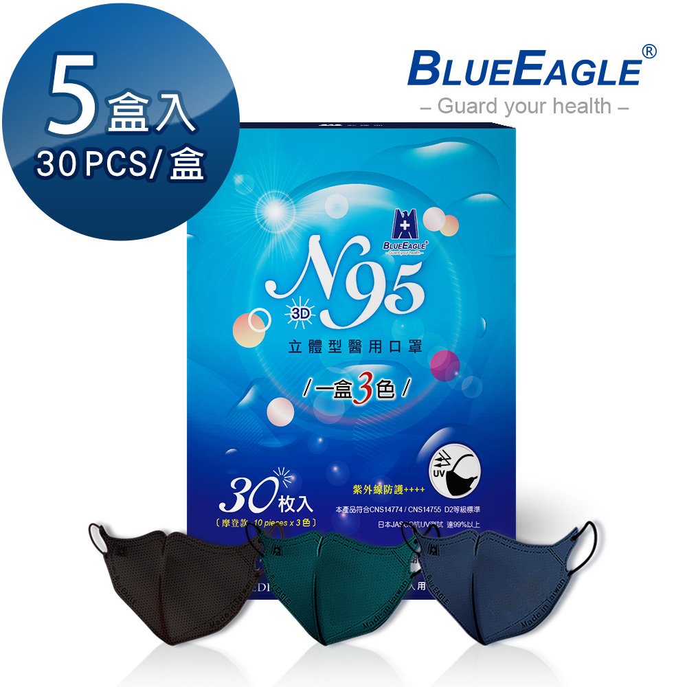 N95 摩登款醫用立體型成人口罩（深海藍、碧湖綠、時尚黑）三色綜合款 30片*5盒 NP-3DMW-C-30*5