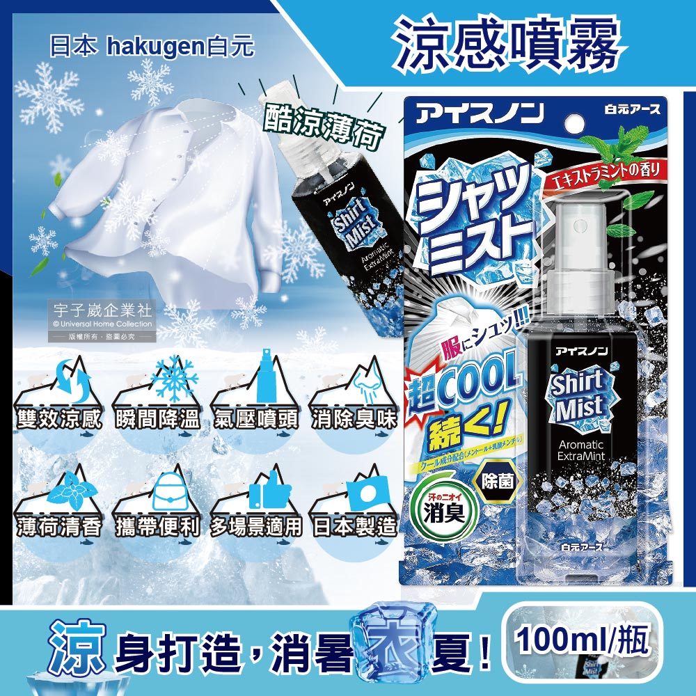 日本hakugen白元-夏日降溫衣物除臭涼感噴霧-酷涼薄荷100ml/黑瓶(露營,運動,單車,爬山,路跑,外送皆適用)