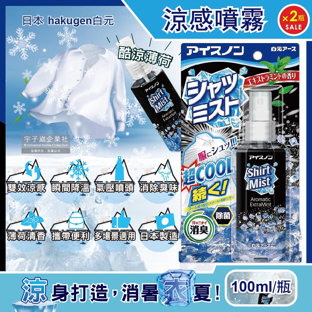 (2瓶超值組)日本hakugen白元-夏日降溫衣物除臭涼感噴霧-酷涼薄荷100ml/黑瓶(露營,運動,單車,爬山,路跑,外送皆適用)