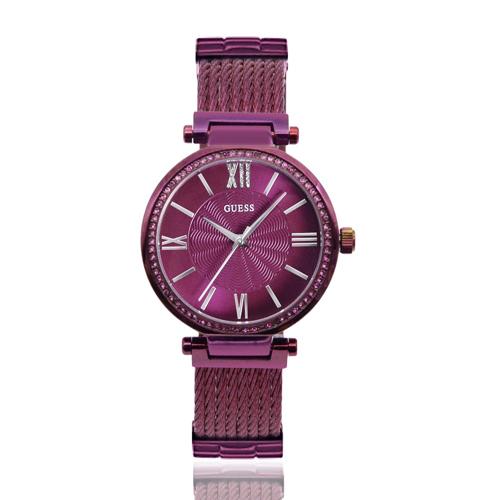 【GUESS】玫紫面 玫紫殼 編織+不鏽鋼錶帶 晶鑽腕錶(W0638L6)