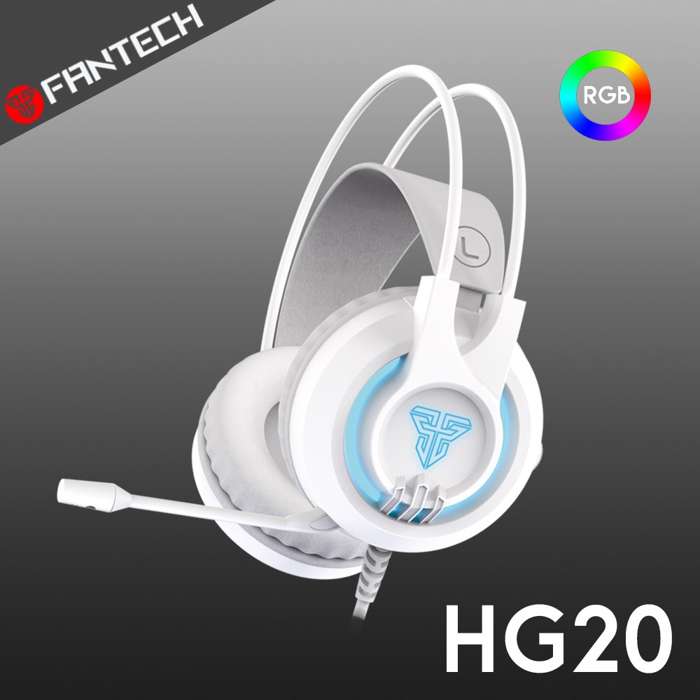 yardiX代理【FANTECH HG20 RGB USB立體聲電競耳機-白色款】50mm大單體/立體音效/大耳罩/懸浮式頭帶/降噪麥克風