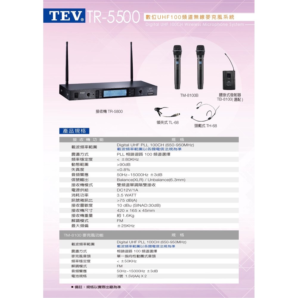 ~曜暘~TEV TR-5500/100頻UHF/雙頻道接收 無線麥克風組