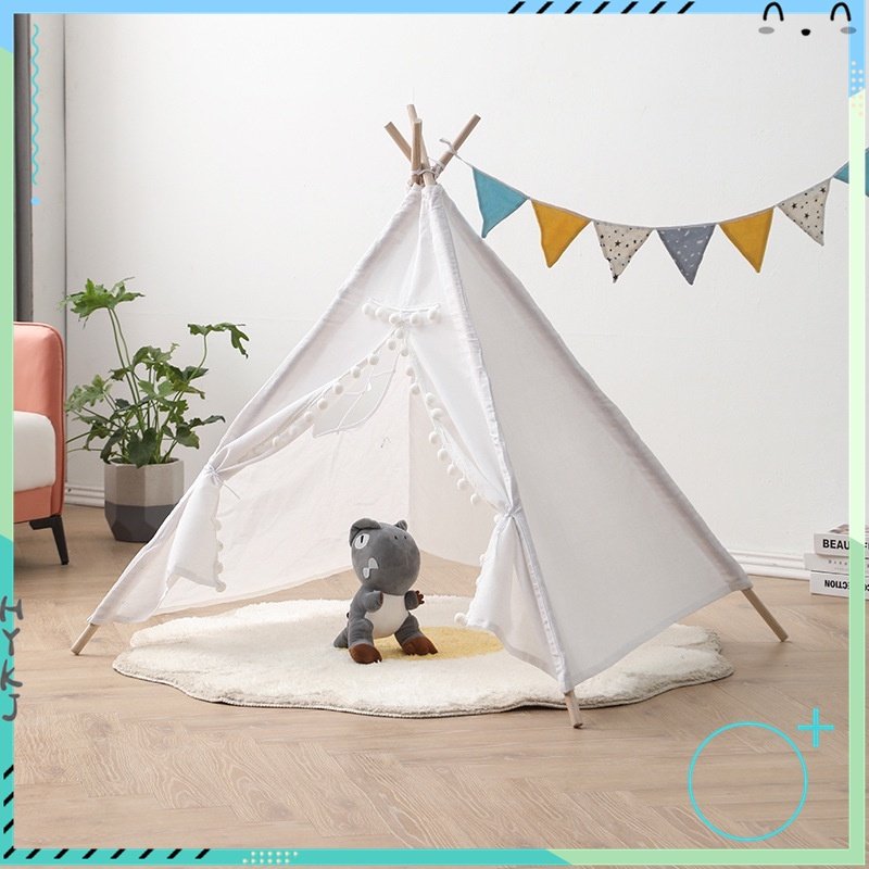 新款 印第安兒童帳篷 室內 遊戲屋 可折疊 男孩 女孩 玩具 白色毛球 小帳篷 戶外 休閒 兒童休息 1.1M