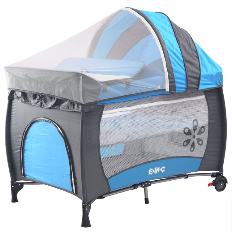 免運費 EMC 雙層安全嬰兒床(具遊戲功能)嬰幼兒安全遊戲床(平安藍) 附遮陽棚/尿布台/蚊帳/收納袋/可開側門