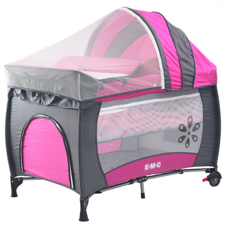 免運費 EMC 雙層安全嬰兒床(具遊戲功能)嬰幼兒安全遊戲床(幸福紅) 附遮陽棚/尿布台/蚊帳/收納袋/可開側門