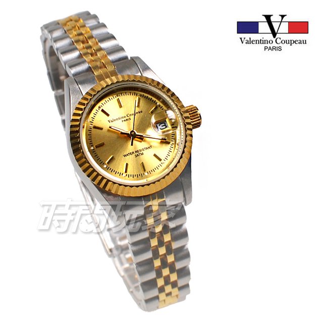 valentino coupeau 范倫鐵諾 標準時刻 不鏽鋼 防水手錶 女錶 半金色 經典 放大日期 V12169VTG小
