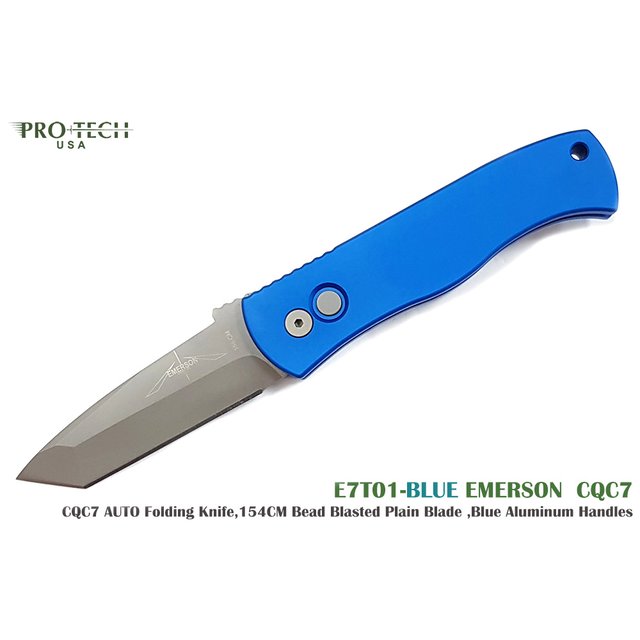 PROTECH Emerson CQC7 藍色鋁柄 Tanto刃彈簧刀 -(154CM鋼 - 噴砂處理)-PROTECH E7T01-BLUE