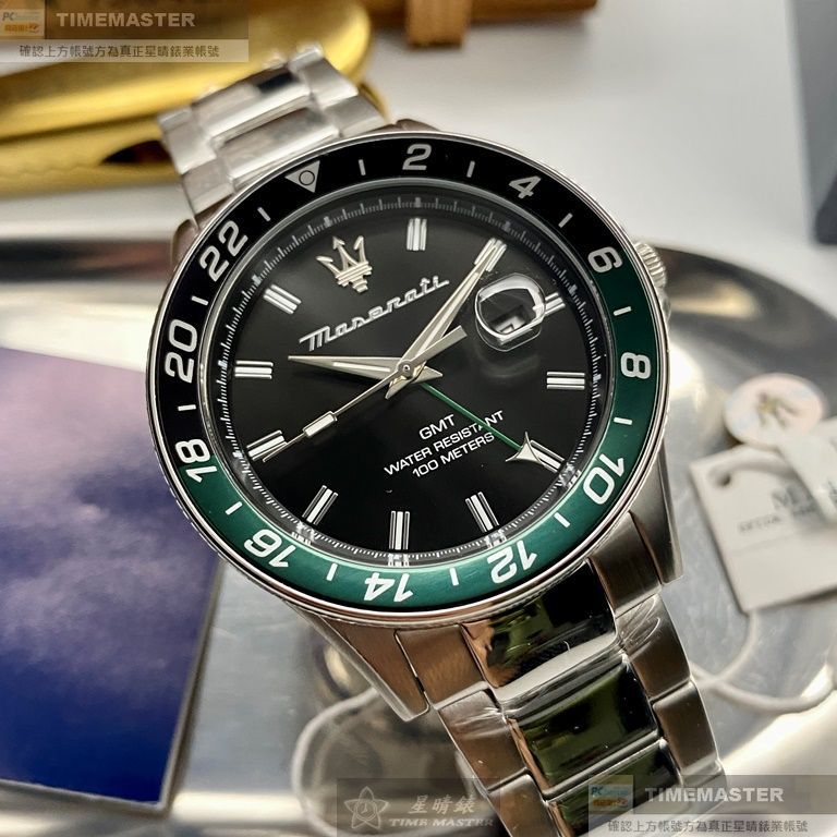 MASERATI手錶,編號R8853140005,44mm墨綠黑錶殼,銀色錶帶款
