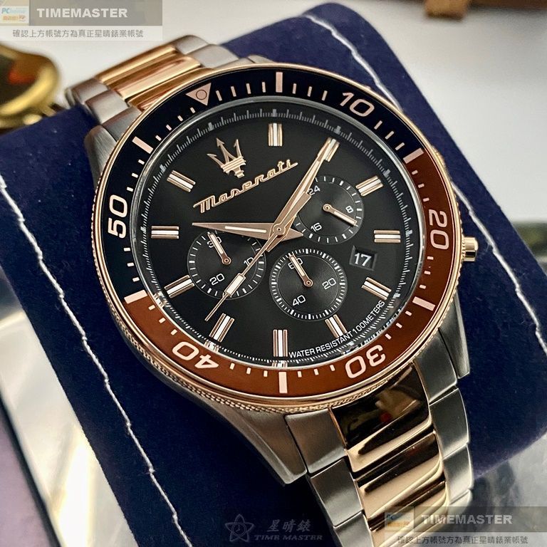 MASERATI手錶,編號R8873640009,44mm藍紅圓形精鋼錶殼,黑色三眼, 中三針顯示, 水鬼錶面,銀色精鋼錶帶款