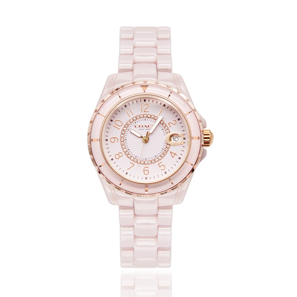 COACH | 粉色系搭玫瑰金 晶鑽粉彩陶瓷女錶(14503463)