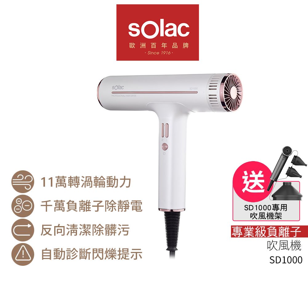 【送原廠吹風機架】Solac 專業負離子吹風機 大風量負離子吹風機 SD-1000 SD1000 鈦金灰 珍珠白