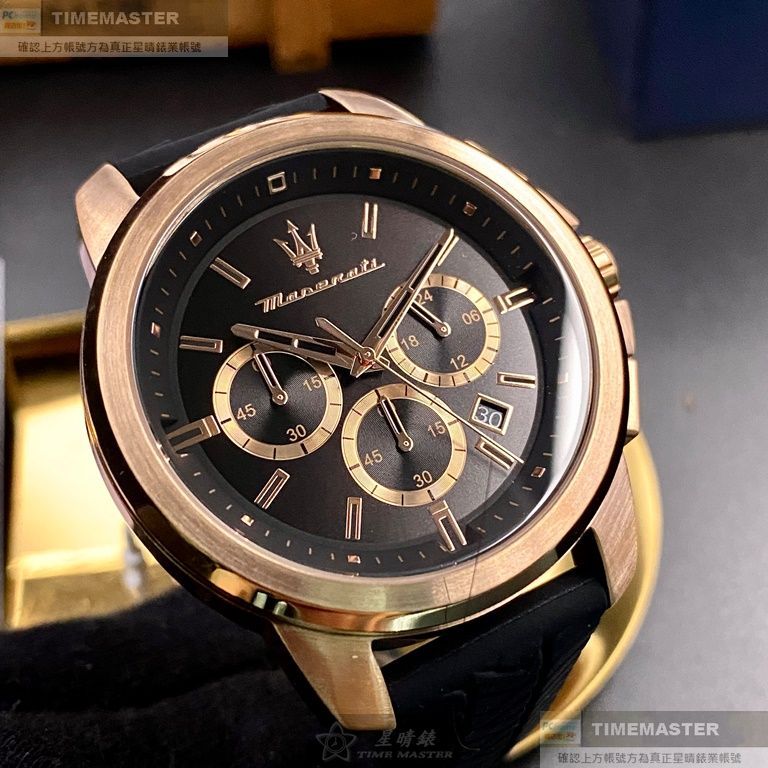 MASERATI手錶,編號R8871621012,44mm玫瑰金圓形精鋼錶殼,黑色三眼, 中三針顯示錶面,玫瑰金色矽膠錶帶款