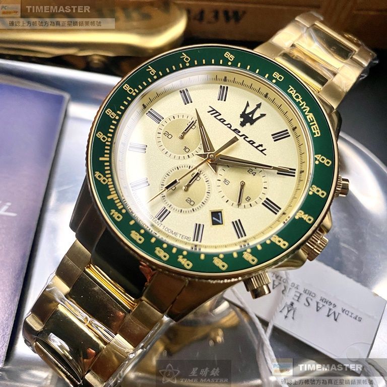 MASERATI手錶,編號R8873640005,44mm綠金圓形精鋼錶殼,金色三眼, 中三針顯示, 水鬼錶面,金色精鋼錶帶款