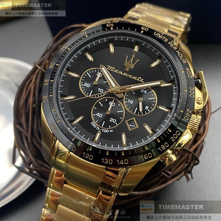 MASERATI手錶,編號R8873612041,46mm黑金圓形精鋼錶殼,黑色三眼, 中三針顯示, 運動錶面,金色精鋼錶帶款