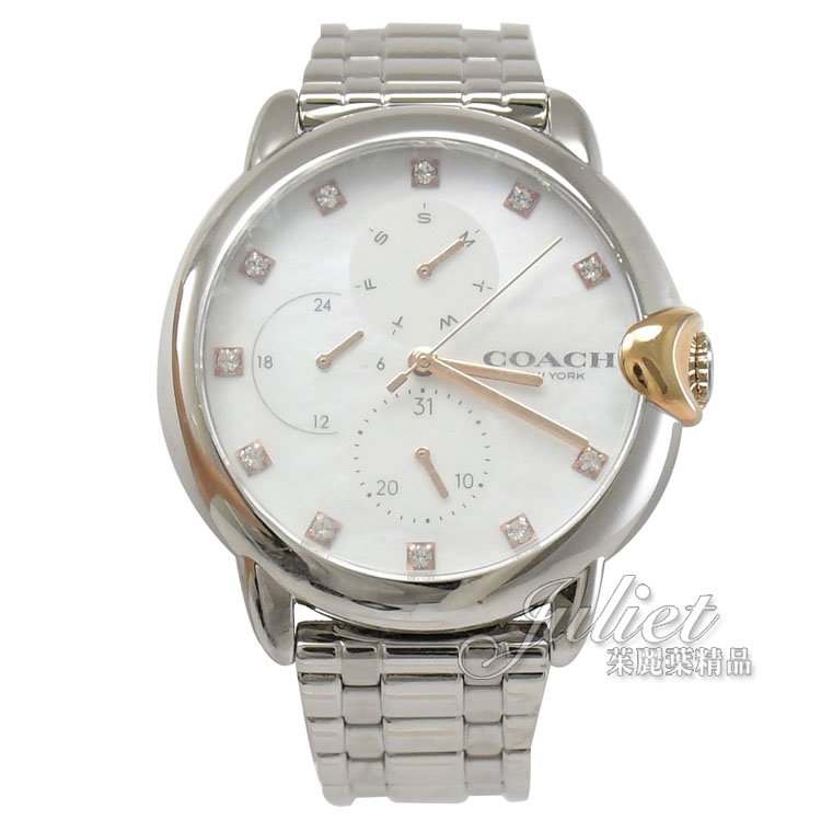 【全新現貨 優惠中】茱麗葉精品 COACH 14503680 ARDEN 三眼晶鑽珍珠貝時尚腕錶.銀 38mm現金價$4,980
