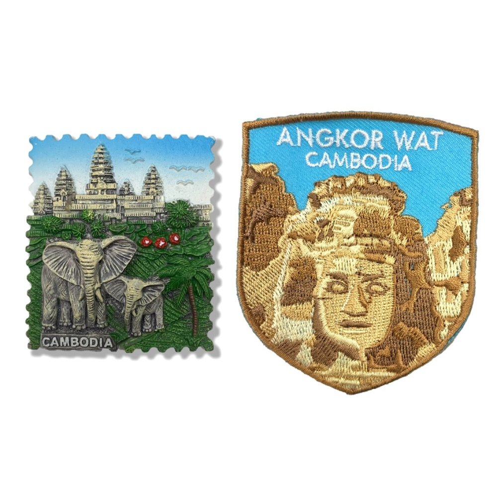 柬埔寨吳哥窟 大象磁性家居裝飾+柬埔寨 吳哥窟 燙布貼【2件組】世界旅行磁鐵 紀念品 磁性家居裝飾 交換禮物 造型磁鐵