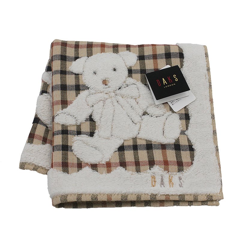 【DAKS】經典LOGO立體泰迪熊刺繡方巾(米白色)