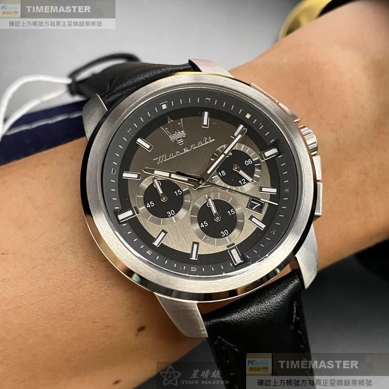 MASERATI手錶,編號R88716210062,44mm銀圓形精鋼錶殼,黑色三眼, 中三針顯示錶面,深黑色真皮皮革錶帶款