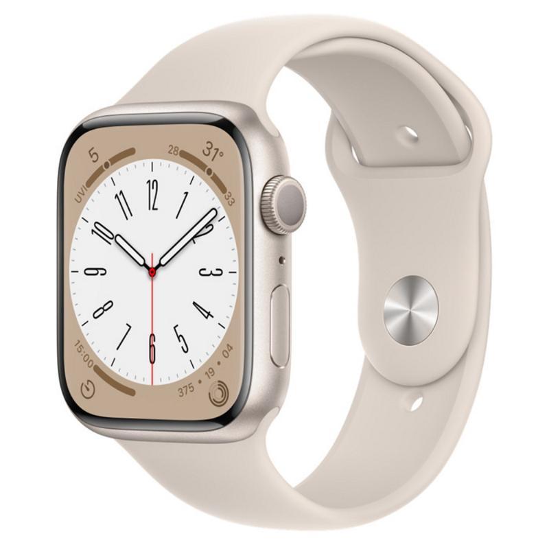 Apple Watch S8 GPS ; 45mm 星光色鋁金屬錶殼搭配星光色運動型錶帶 _ 台灣公司貨 + 【錶貼＋錶套】