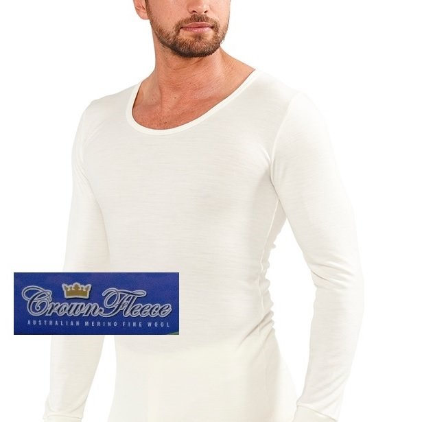 厚款米白澳洲皇冠男裝100%純羊毛衛生衣 圓領透氣衛生保暖衣衛生衣天然吸濕排汗
