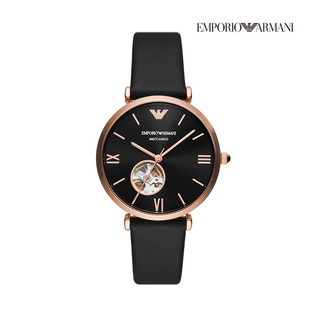 Emporio Armani 亞曼尼 Meccanico 簡約中性鏤空機械手錶 黑色皮革錶帶 40mm AR60064/黑面