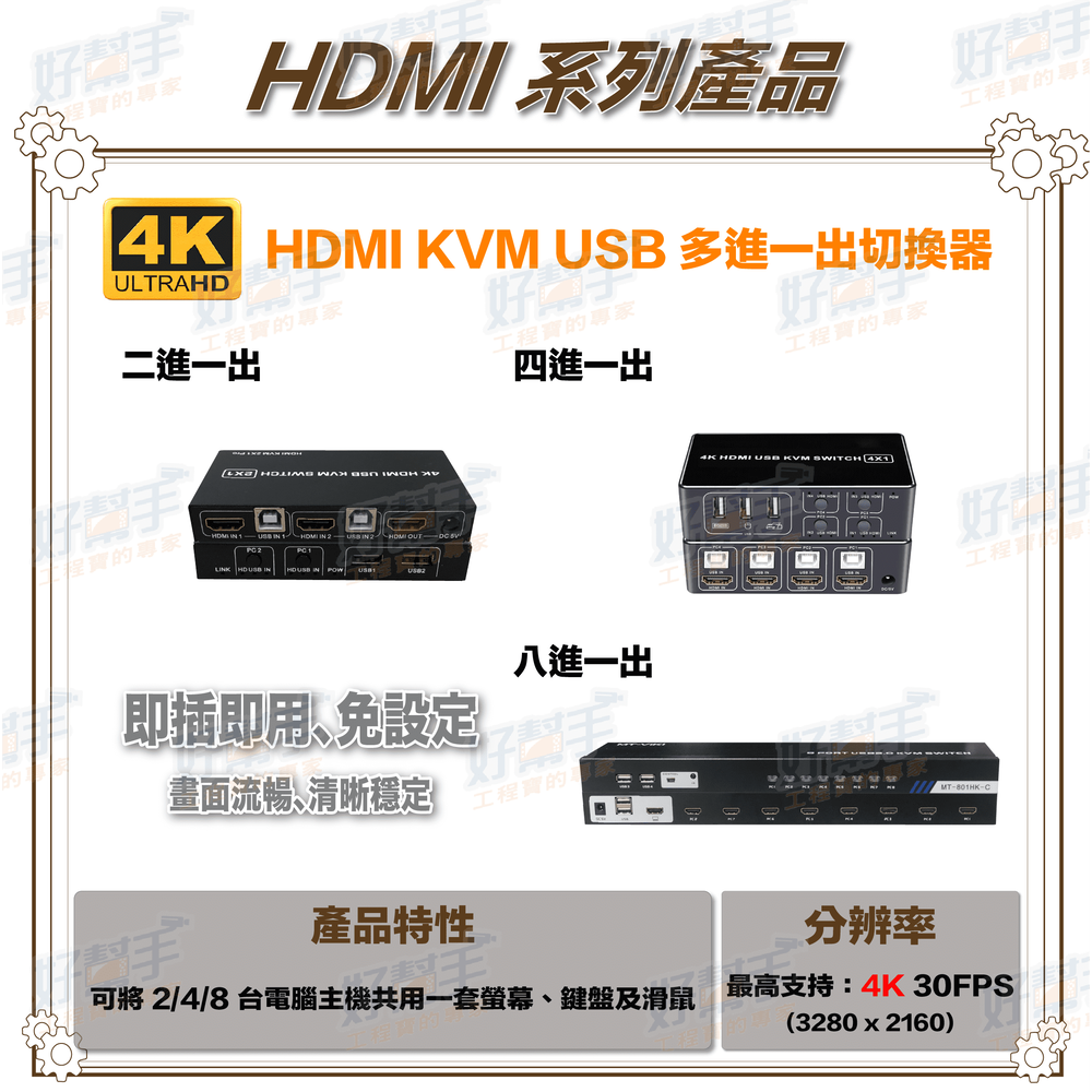二進一出 4K HDMI KVM USB 切換器(可控制鍵盤及滑鼠)