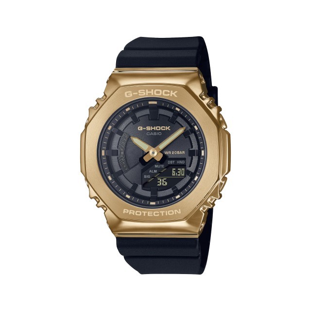 【CASIO G-SHOCK】奢華質感金屬時尚八角框雙顯運動腕錶-黑金款/GM-S2100GB-1A/台灣總代理公司貨享一年保固