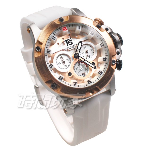 T5 sports time 賽車錶 個性三眼多功能 厚實 不銹鋼 計時碼錶 日期顯示窗 男錶 H3919玫白