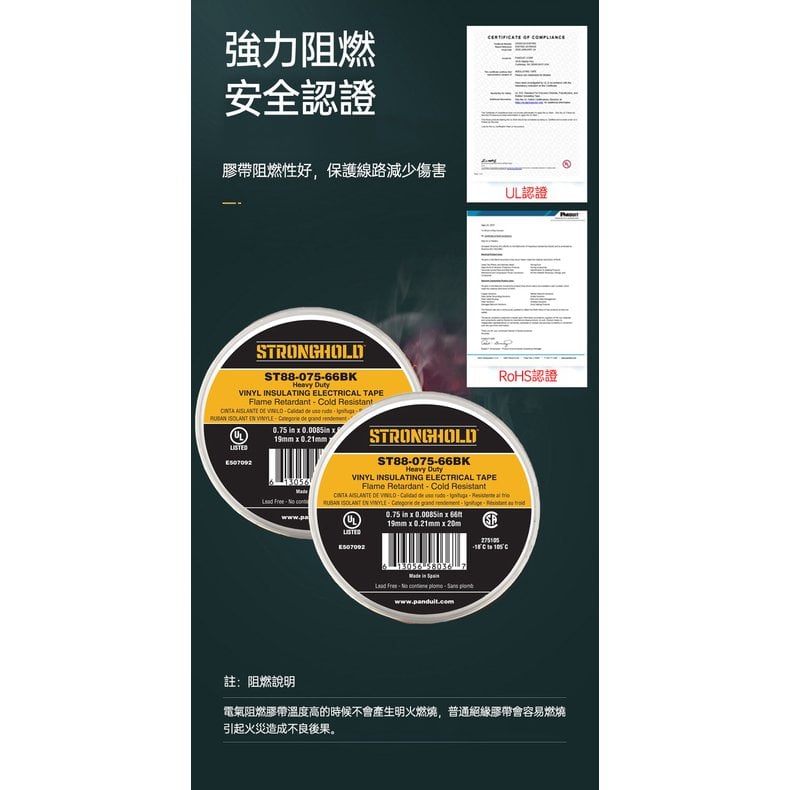PANDUIT StrongHold 【1入】UL認證 強效型電工膠帶 環保PVC耐高溫絕緣防水膠帶 ST88-075-66