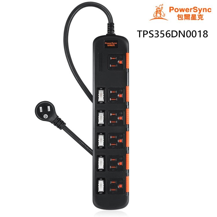 PowerSync 群加 六開六插 安全防雷 防塵 1.8米 延長線 黑色 TPS356DN0018