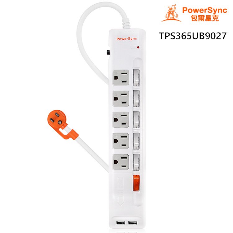 (最新安規款) PowerSync 群加 六開五插 防雷擊 抗搖擺 USB 延長線 2.7M TPS365UB9027