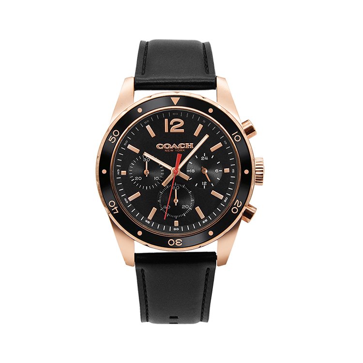 COACH | Sullivan系列 黑面 玫瑰金框 黑色皮革錶帶 三眼計時腕錶 手錶 男錶(14602087)