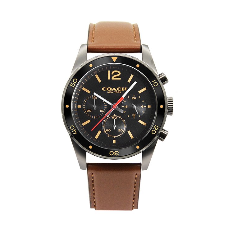 COACH | Sullivan系列 黑面 黑框 咖啡色皮革錶帶 三眼計時腕錶 手錶 男錶(14602070)
