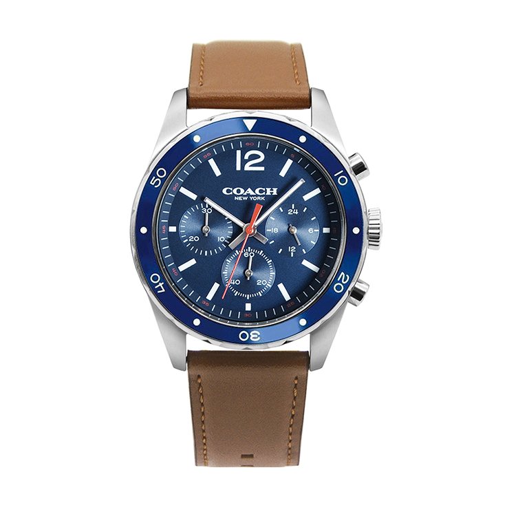 COACH | Sullivan系列 藍面 銀框 咖啡色皮革錶帶 三眼計時腕錶 手錶 男錶(14602038)