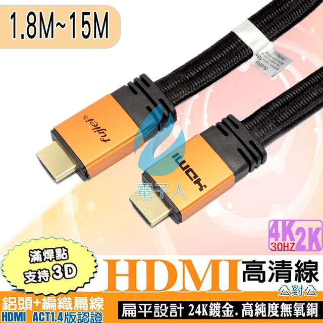 fujiei 扁線HDMI公-公影音高清線 1.4版鋁頭 鍍錫銅 1.8M SU3201