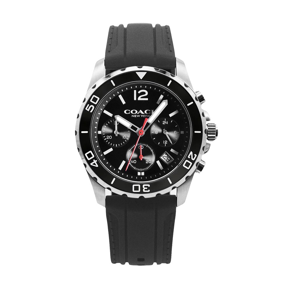 COACH | KENT系列 黑面 銀框 黑色矽膠錶帶 三眼計時腕錶 手錶 男錶(14602565)